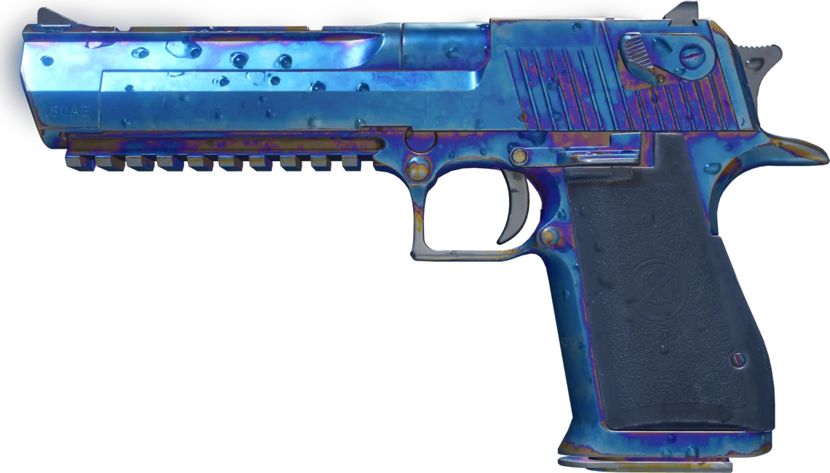 Desert Eagle Heat Treated pattern 490 shown flat in the inspect view: a slide and frame almost entirely blue, with thin violet and gold edges.