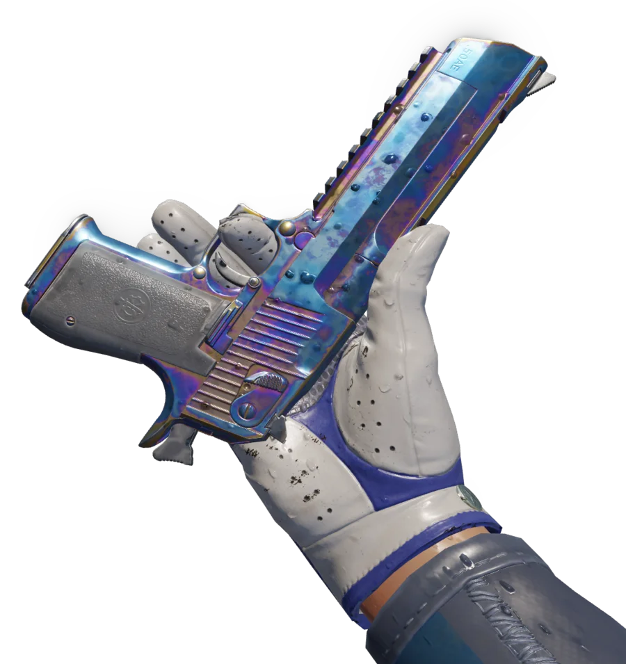 Desert Eagle Heat Treated pattern 109 held in first person: a blue slide broken up by violet and brown bands across the middle.