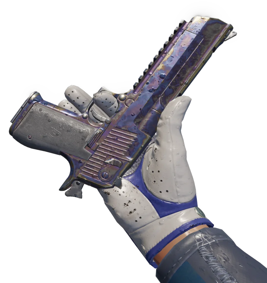 Desert Eagle Heat Treated pattern 404 held in first person: a mostly violet and brown slide with only patches of blue.