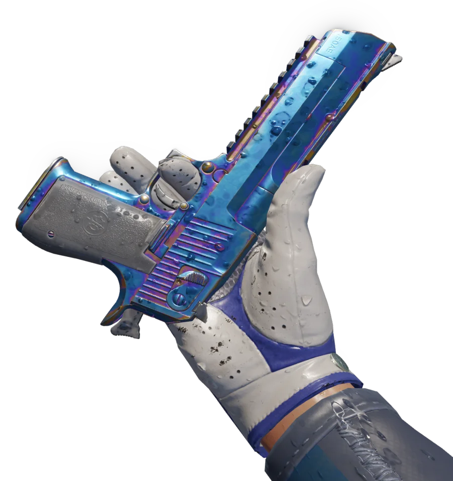Desert Eagle Heat Treated pattern 490 held in first person: the slide is saturated blue from the muzzle to the rear serrations.