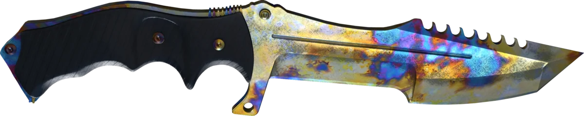 Huntsman Knife Case Hardened pattern 190 shown flat in the inspect view: a gold-dominant blade with a blue and violet mass near the tip.